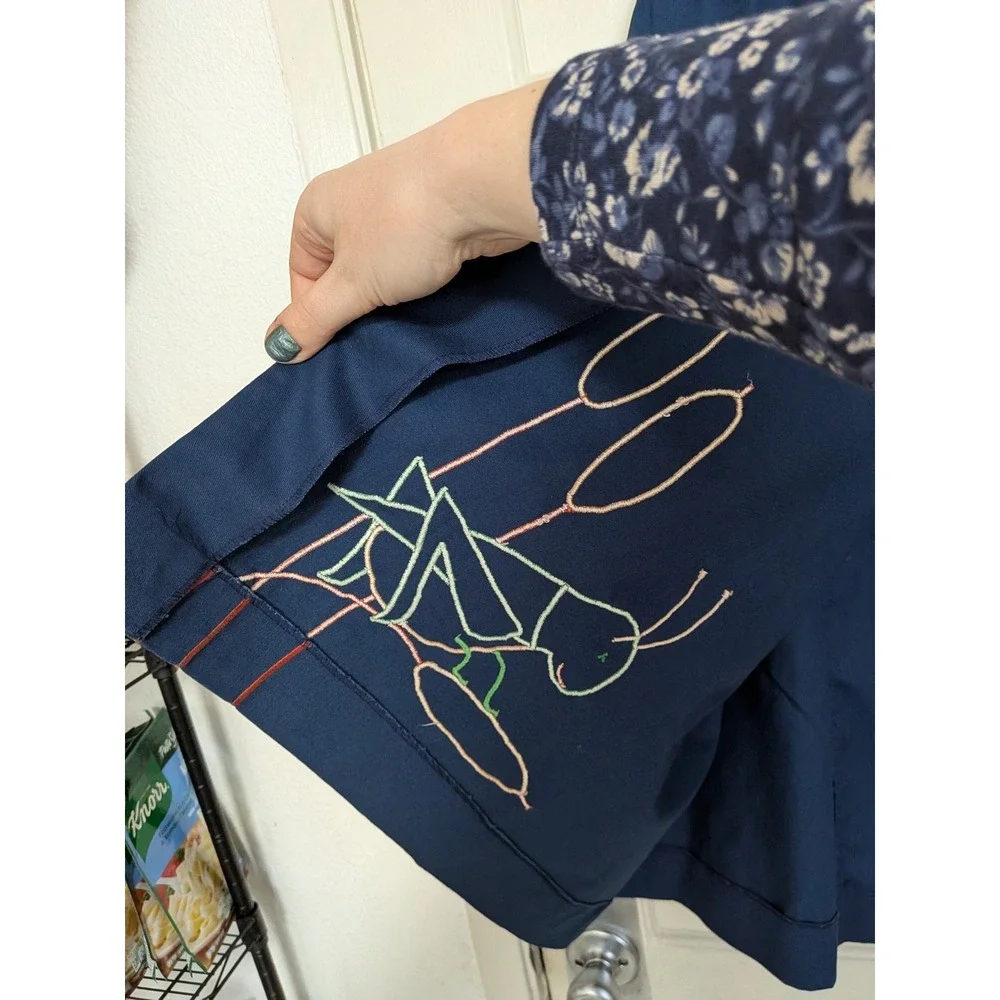 The Pond Vintage 1970s Navy Blue Grasshopper Embroidered‎ Midi Skirt Size Large
